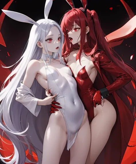 "2 girls, ((Masterpiece)), [Slim], (Small breasts), Pale skin, ((Detailed eyes)), (Background blur), ganyudef white long hair, Red eyes, villainous, Dark theme, [eyes liner], Evil".. Embracing. Blushing, sweating. Naked Lesbian.  Groping breasts. Spit. (Bu...