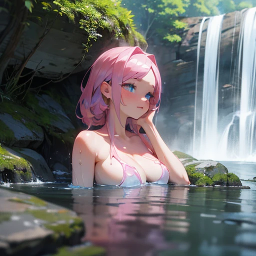 A very beautiful girl happily bathing near a clear and cool waterfall Pink skin Blue eyes Dark hair Detailed face Detailed body Realistic model Highly detailed Natural scenery Cgi 8k resolution