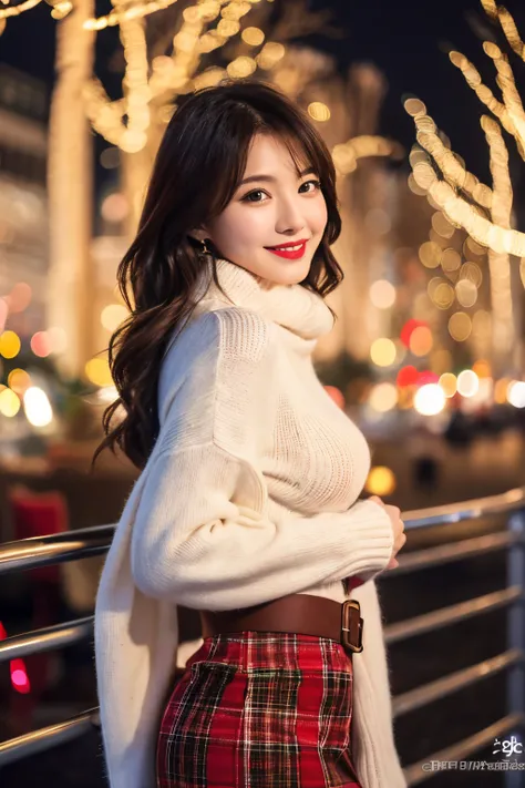 Masterpiece, top quality, high resolution, amazingly beautiful woman, unsexy winter fashion, wearing a white turtleneck sweater, dark red plaid skirt, straight hair, small breasts, natural colored lips, smile, Christmas night cityscape, (background of gorg...