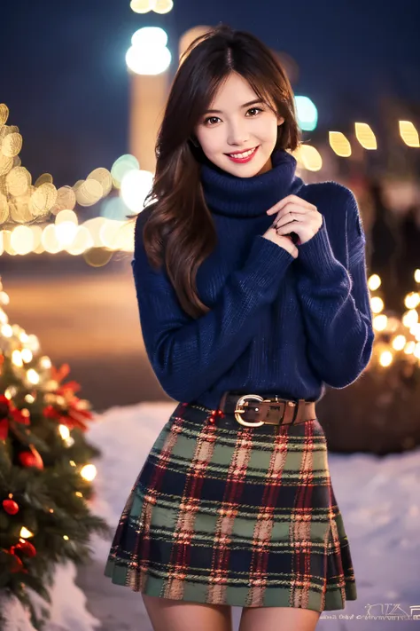 Masterpiece, top quality, high resolution, amazingly beautiful woman, unsexy winter fashion, wearing a turtleneck sweater, dark blue plaid skirt, straight hair, small breasts, natural colored lips, smile, Christmas night cityscape, (background of gorgeous ...