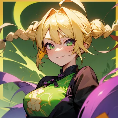 a beauty girl,Blonde twin tails and braids,Ahoge,The eyes are mainly green with some purple mixed in.,The green cheongsam has a dragon pattern,Flame background,Mahjong Table,Vtuber,Two-dimensional girl,Inappropriate smile,