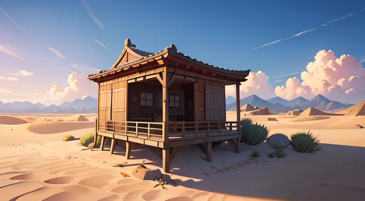 (illustrations : 1.0), photorealistic lighting, HD detail, 夏天, desert, sand, daytime, clouds, overcast, 12pm, Dead wood, Hanok,