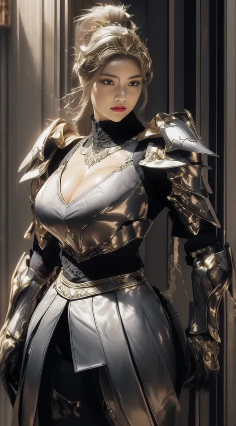 (masterpiece, best quality, extremely detailed 8k, ultra hd, ultra-detailed, highly detailed, highly realistic, ultra-realistic, photo realistic), (1girl:1.5), (detailed realistic skin), (realistic big breasts), (sexy lipstick), slender abs, Female knight ...