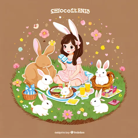 chocolate many rabbits character illustration hand drawn style cute picnic