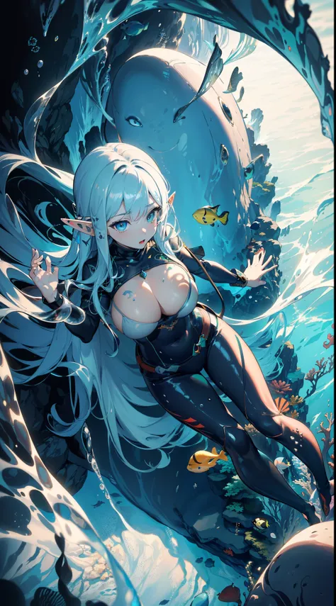 (masterpiece, best quality, ultra-detailed, best shadow), (beautiful detailed face:1.3),(solo), (family_friendly:0.8),high contrast, ultra-high resolution,(elf, 1girl under deep sea:1.6),(diving AND petting a whale:1.3),full body, (big breast:1.2), diving ...