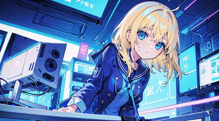 (1 girl, blonde hair, blue eyes, sailor suit), (blue cyberpunk, shop with many monitors, blue neon)