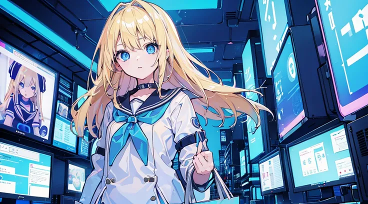 (1 girl, blonde hair, blue eyes, sailor suit), (blue cyberpunk, shop with many monitors, blue neon)