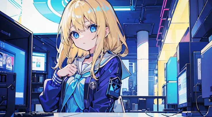 (1 girl, blonde hair, blue eyes, sailor suit), (blue cyberpunk, shop with many monitors, blue neon)