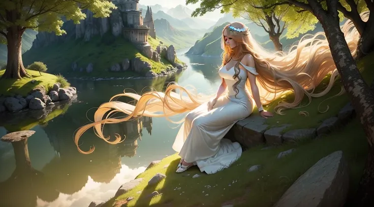 mariah carey in a classic meditative pose with very long hair, , facing forward, wearing a light and flowing white dress, atop a mountain with trees and a sun bringing abundant light. The image is bright, conveying tranquility and calmness