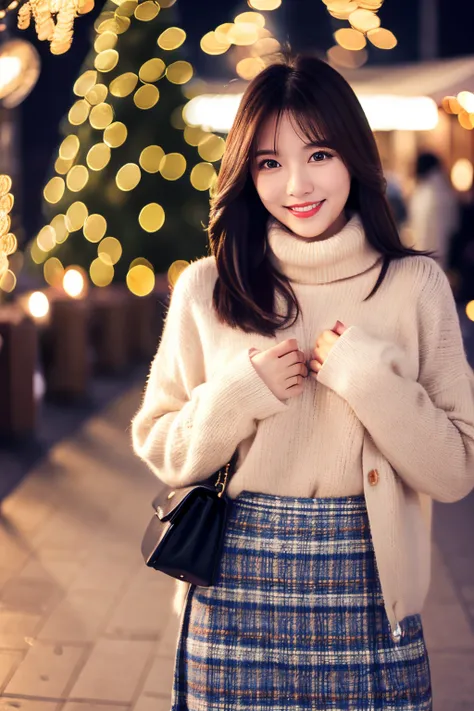 Masterpiece, top quality, high resolution, amazingly beautiful woman, unsexy winter fashion, wearing turtleneck sweater, Blue plaid skirt, straight hair, small breasts, natural color lips, smile, Christmas night Cityscape, gorgeous Christmas tree illuminat...