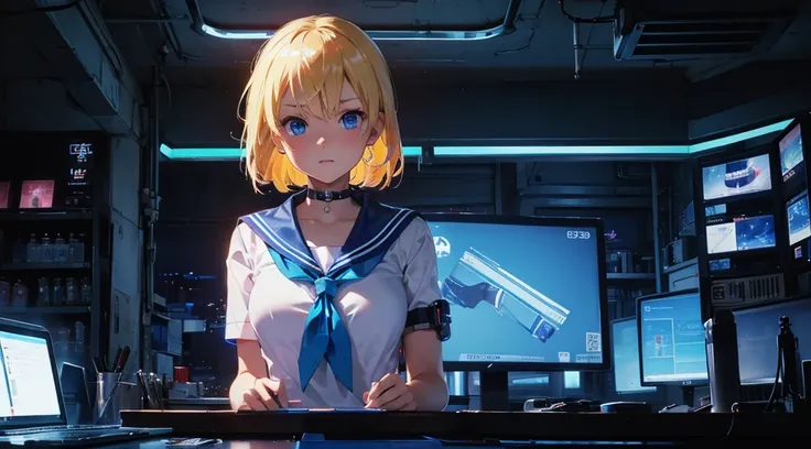 (1 girl, blonde hair, blue eyes, sailor suit), (blue cyberpunk, shop with many monitors, blue neon)