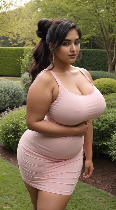 Indian beautiful woman sexy curvy plus size model wearing modern diferrent color night dress front facing to camera in standing position, curvy plus size figure,big m-cup breasts, side bun hairstyle, bright eyes, thin eyebrows, fair skin, blushing cheeks, ...