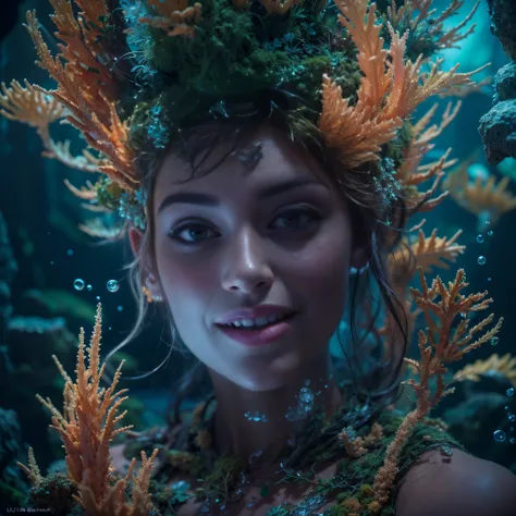 (Best quality, 8k, 32k, Masterpiece, UHD:1.2) water nymph welcomes you to her underground kingdom, deep underground, subterranean, jewelry, clothed, sfw, ((atlantis)), warm light, bioluminescent, smile, coral, moss, seabed, cave