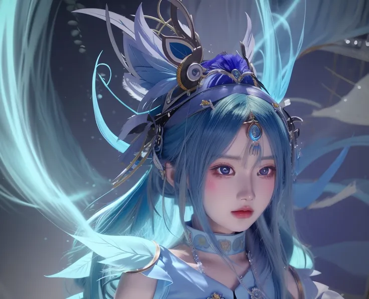 anime manga girl，blue hairs，a blue dress，wearing a big headdress, very detailed artistic sprout, the detail, irelia, art germ. h...