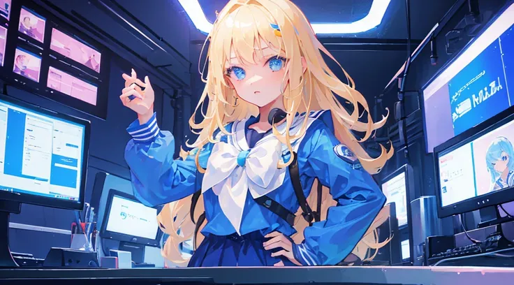 (1 girl, blonde hair, blue eyes, sailor suit), (blue cyberpunk, shop with many monitors, blue neon)