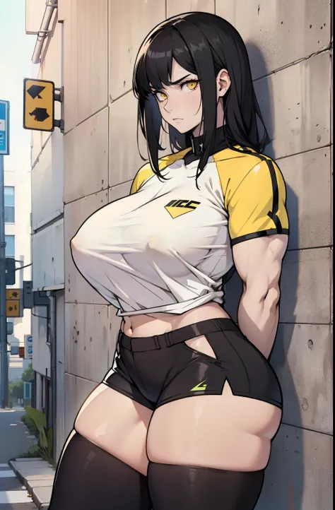 1girl girl pale skin black hair yellow eyes black against wall frown tight shirt huge muscles huge breasts huge thighs