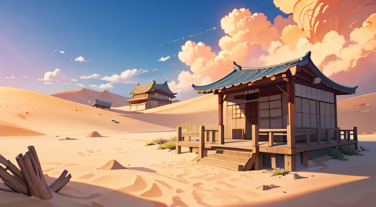 (illustrations : 1.0), photorealistic lighting, HD detail, 夏天, desert, sand, daytime, clouds, overcast, 12pm, Dead wood, broken hanok, Screen angle slightly looking down