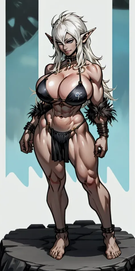 standing straight symmetrical, full body barefeet, drow elf 1girl, mature, BIG OPEN eyes, LONG MESSY hair, BIKINI, abs, big knockers, chain collar, stomach, NAVEL, BAREFEET