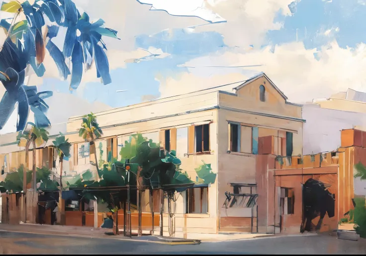 a two-story building,  artwork of a building, Commercial illustration, Pamela Drew, drawn image, Stylized digital illustration, simplified realism style, There is a row of trees next to the building,Plumeria tree nearby, with palm trees and columns, neocla...