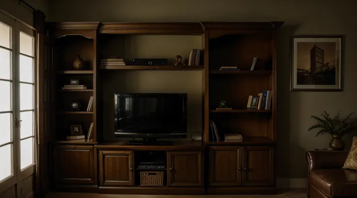 A dimly lit room with a TV screen on a small bookcase and a camera in the back