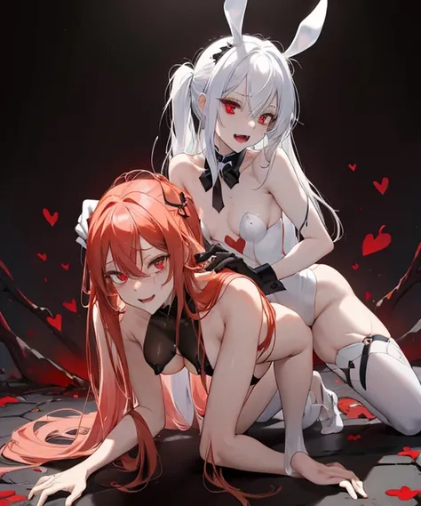 "2 girls, ((Masterpiece)), [Slim], (Small breasts), Pale skin, ((Detailed eyes)), (Background blur), ganyudef white long hair, Red eyes, villainous, Dark theme, [eyes liner], Evil".. Embracing. Blushing, profusely sweating. Naked Lesbian.  (Groping fondlin...