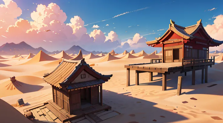 (illustrations : 1.0), photorealistic lighting, HD detail, 夏天, desert, sand, daytime, clouds, overcast, 12pm, Dead wood, broken hanok, Screen angle slightly looking down