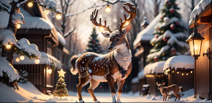 A cute Christmas deer in the forest。Christmas atmosphere，Christmas tree，starlights。detailed ornaments, Intricate ornaments, decorative, Super detailed decoration, 8K details, 8K details, Sparkling multi-dimensional decoration, 8K detail post-processing --a...