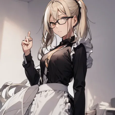 【Highest Quality, masutepiece】 [1 girl in, Manteau, expressioness, jet-black eyes,glasses, sanpaku eyes,front facing,beauty blonde hair, Slender beauty,straight haired, long pony tail hair ,flat chest,] (Gray white background:1.7), no smile,Waitress apron,...