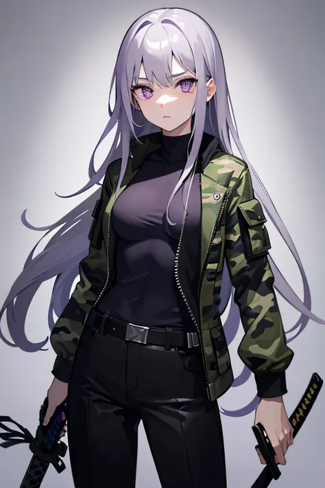 1girl, medium breasts, purple eyes, long hair, silver hair, pale skin, green camouflage jacket, black shirt, black pants, katana on hip