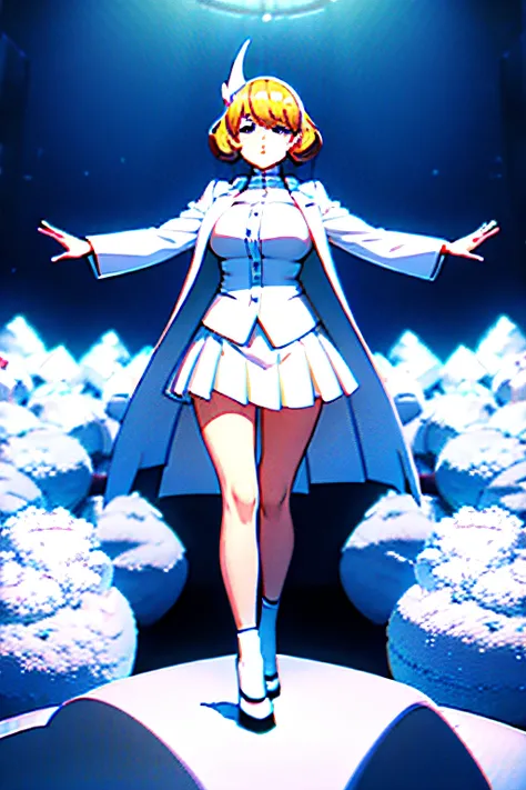 Wearing a short white skirt，Standing among the cotton piles ，Full body frontal view，Lively woman