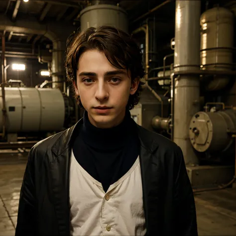 sad timothee chalamet in front of georher power plant