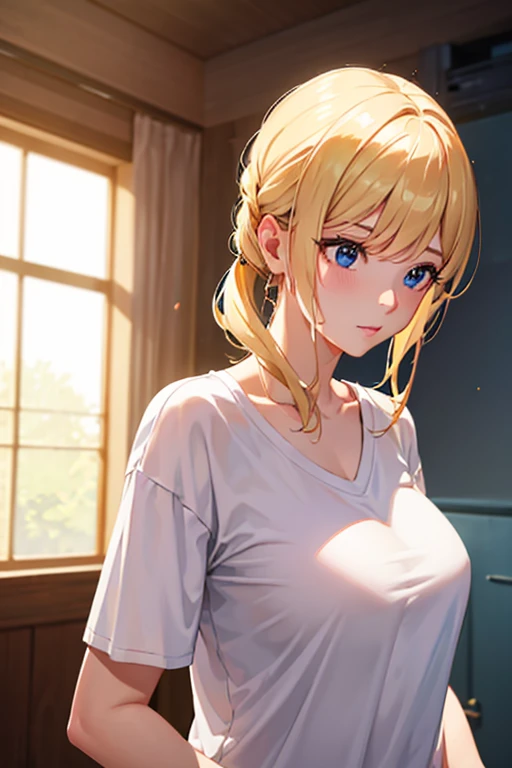 1 girl, white collarless t-shirt, short sleeves, happy, looking straight ahead, blond hair, boobs cup C,illustration,ultra-detailed,realistic,photorealistic:1.37,professional,vivid colors,studio lighting,sharp focus,physically-based rendering