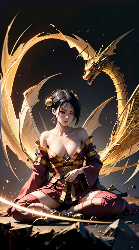 Woman Carrying a katana , wearing a large-sized traditional Japanese dress with a gold dragon pattern, covering her eyes with a red eye tie, Leaning a long katana on her shoulder, sitting sideways, hiWoman Carrying a katana , wearing a large-sized traditio...