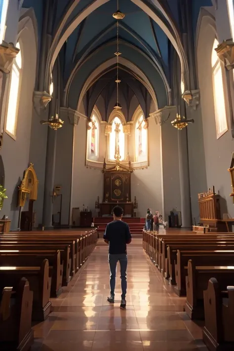 um jovem escondido na igreja