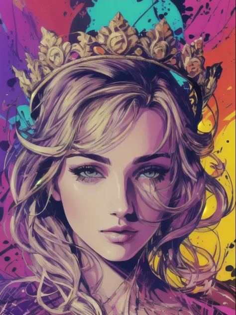 ((best quality)), ((masterpiece)), ((detailed))), beautiful, FISideRightFace, perfect face, abstract beauty, Create a digital art work in pop art style, luxury elegance bold with hint of feminine, happy & youthful, authentic, brave, princess wearing crown,...