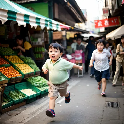 A round-faced Asian boy, about three years old, is fat and running in panic in the market.