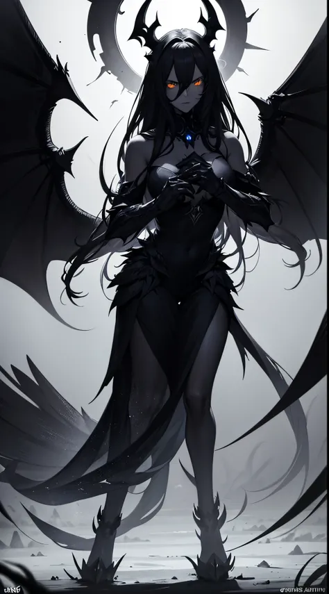 (best quality,4k,highres:1.2),ultra-detailed,(realistic,photorealistic:1.37),creature,dark fantasy,Chimera(Zeraty) from summoners war, standing on hind legs,intense gaze,eyes glowing with a black halo,huge wings spread wide,ominous presence,superiority,men...