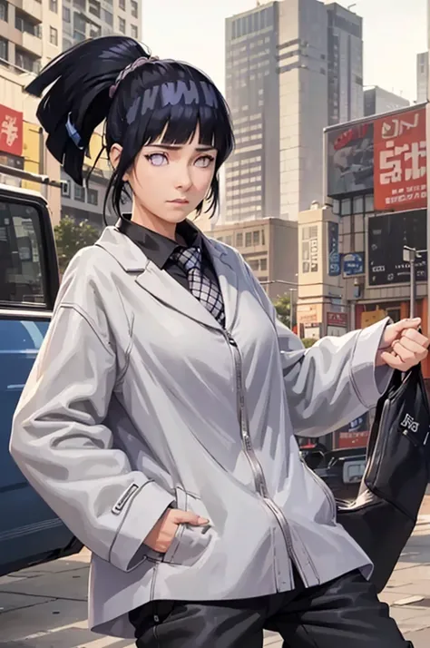 (masterpiece, best quality:1.2), cowboy shot, solo, 1girl, hinata, expressionless, closed mouth, looking at viewer, hands in pockets, braided ponytail,  eyes, formal, coat, collared shirt, black necktie, black pants, building in back ground, detailed hands...