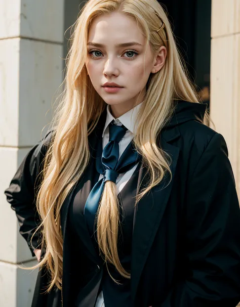 Blonde woman with long hair wearing a black jacket and blue tie., Pale skin curly blonde hair, yelena belova, a girl with blonde hair, girl in suit, portrait of kim petras, girl in suit, with long blonde hair, Anna Nikolanova aka New Milky, with pale skin,...