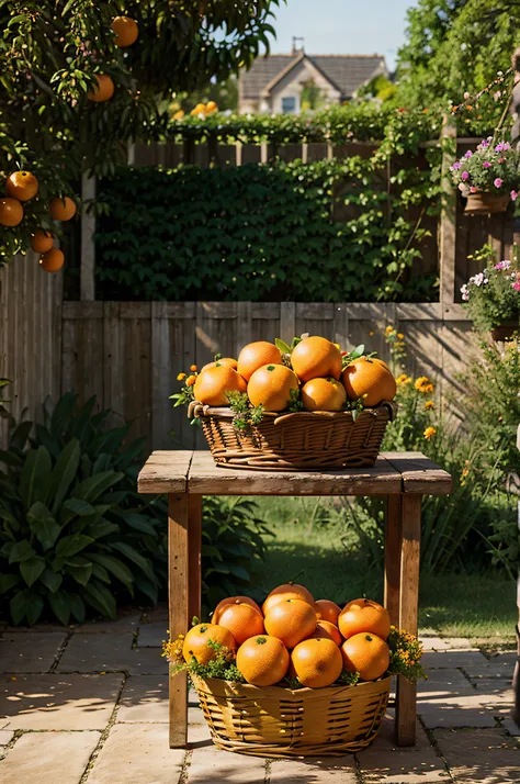 um monte de laranjas, em uma linda cesta e fundo em um jardim ensolarado