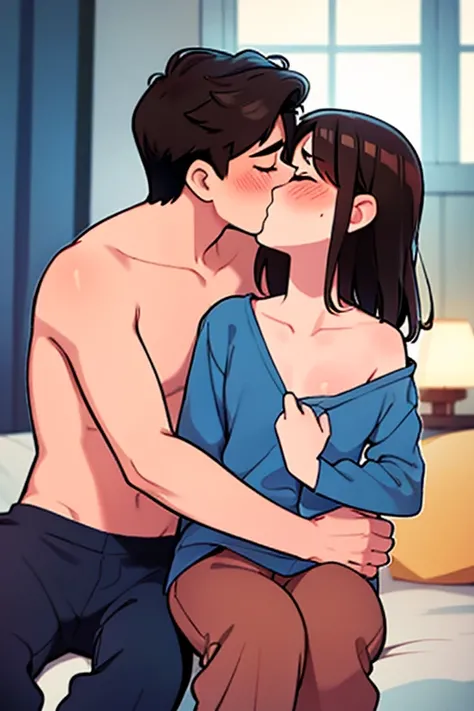 Concept art,love themes,illustrations,1boy,1girl,kiss,hetero,brown hair,closed eyes,topless male,blush,black hair,pajamas,blue pants,long hair,sitting,collarbone,pants,couple,indoors,medium hair,blurry,shirt,hand on anothers shoulder,long sleeves,hand on a...