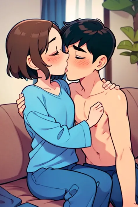 Concept art,love themes,illustrations,1boy,1girl,kiss,hetero,brown hair,closed eyes,topless male,blush,black hair,pajamas,blue pants,long hair,sitting,collarbone,pants,couple,indoors,medium hair,blurry,shirt,hand on anothers shoulder,long sleeves,hand on a...