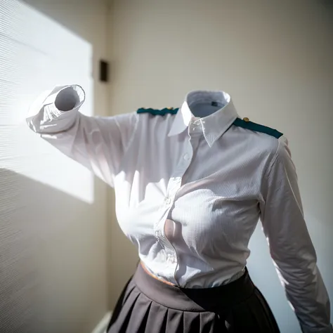 (chubby, fat), (school uniform with wide open chest, collared shirts), long sleeve, white shirts, blue stripe tie, dark grey skirt, (invisible, no humans, headless, faceless:1.5), (cute big breasts), (close-up shot of breasts), photon mapping, radiosity ph...