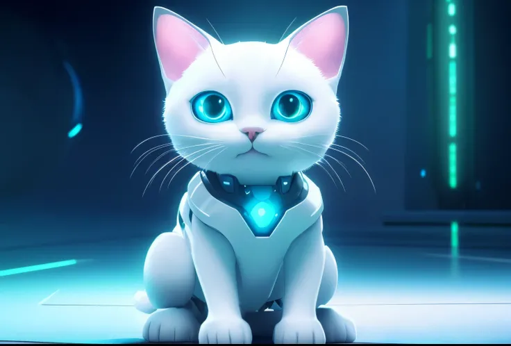 A white cat with a blue collar sits on the floor, Sora is a cat, robot kitten, Anime visuals of a cute cat, anime cat, Robot cat, A robot cat, very beautiful cute catgirl, The white ( catss ) girl, robotic cat, Realistic anime cat, white cat girl, robotic ...