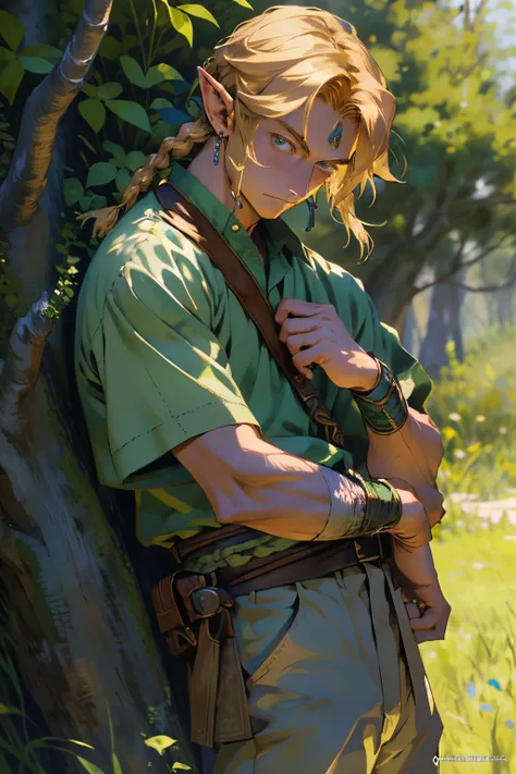 Realistic, (masterpiece, top quality, best quality, official art,), very detailed, most detailed, (1boy:1.3), gods, blonde hair, mysterious, handsome man, ((zelda style)), prairie, herdsmen, pale green clothes, ornaments, earrings, single braids