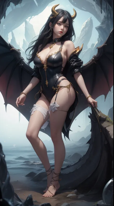 tmasterpiece，Highest image quality，Beautiful full body portrait of the noble dragon girl，Exquisite blue-black hairstyle，Clear golden eyes，Decorated with a series of dragon horns，White studded leather jacket，blackstockings，huge dragon wings，cave cave，Black ...