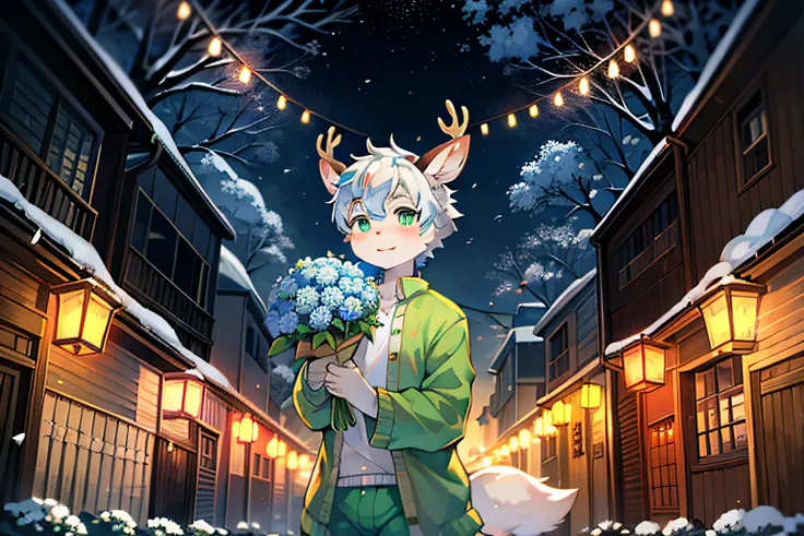 A white deer，Wearing light green pajamas，green pupills，Light green clothing，deer antlers，wear a flower on your head，holding a bouquet of blue flowers，natta，falling flower petals，Peach blossom tree，Oyuki，blanketed in a mantle of snow，shota，lovely boy，the ro...