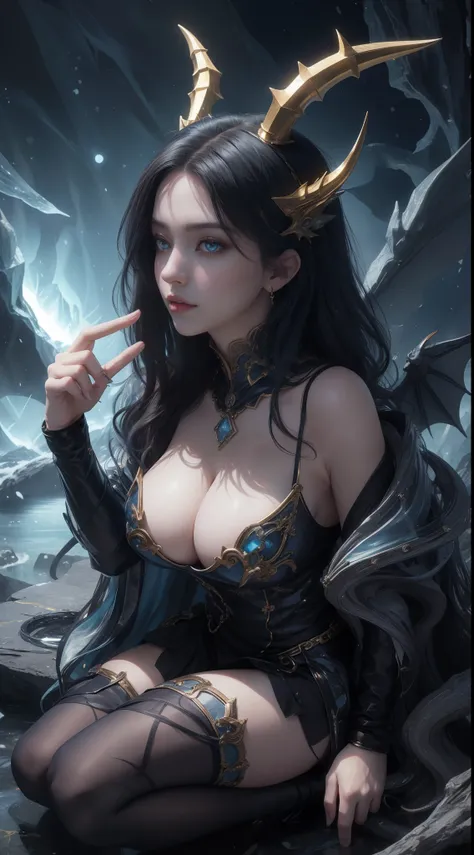 tmasterpiece，Highest image quality，Beautiful full body portrait of the noble dragon girl，Exquisite blue-black hairstyle，Clear golden eyes，Decorated with a series of dragon horns，White studded leather jacket，blackstockings，huge dragon wings，cave cave，Black ...