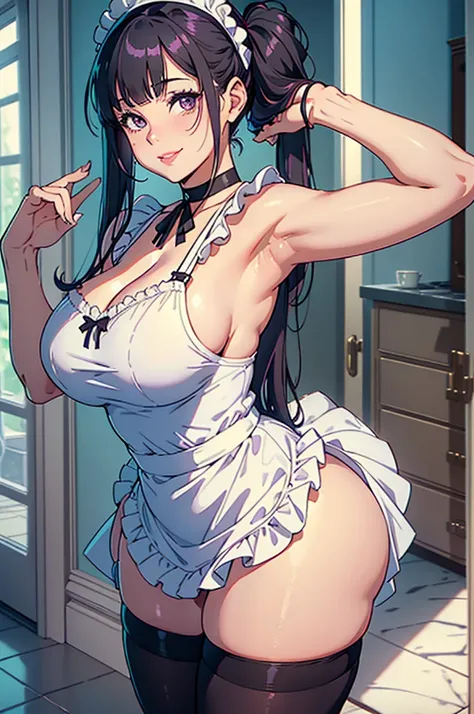 Best quality, solo mature woman, giant breasts, giant ass, very curvy, straight low pigtails with straight bangs, pastel purple eyes, full lips, seductive, smiling, maid headband, black maid dress, black choker, white apron, thigh highs, thick thighs