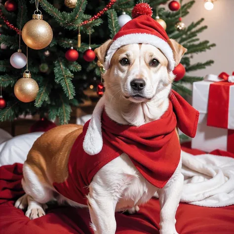 Produce a high-resolution digital image that captures the joy and cuteness of a dog in the holiday spirit. O cachorro deve ser retratado usando um gorro de Papai Noel, conveying a feeling of fun and festivity. He must be involved in a playful scene, playin...